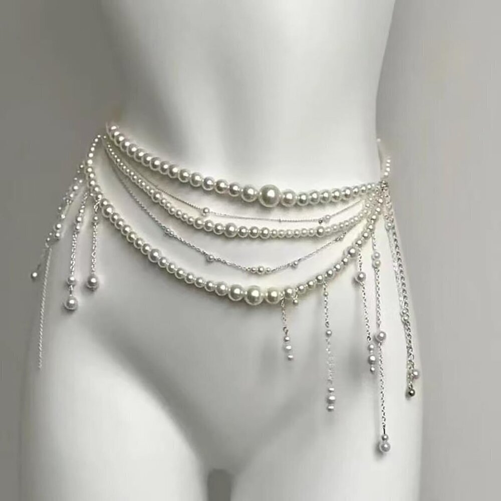 Pearl Waist Chain Copper Long Tassel Flower Body Chain Wedding Bridal Belt